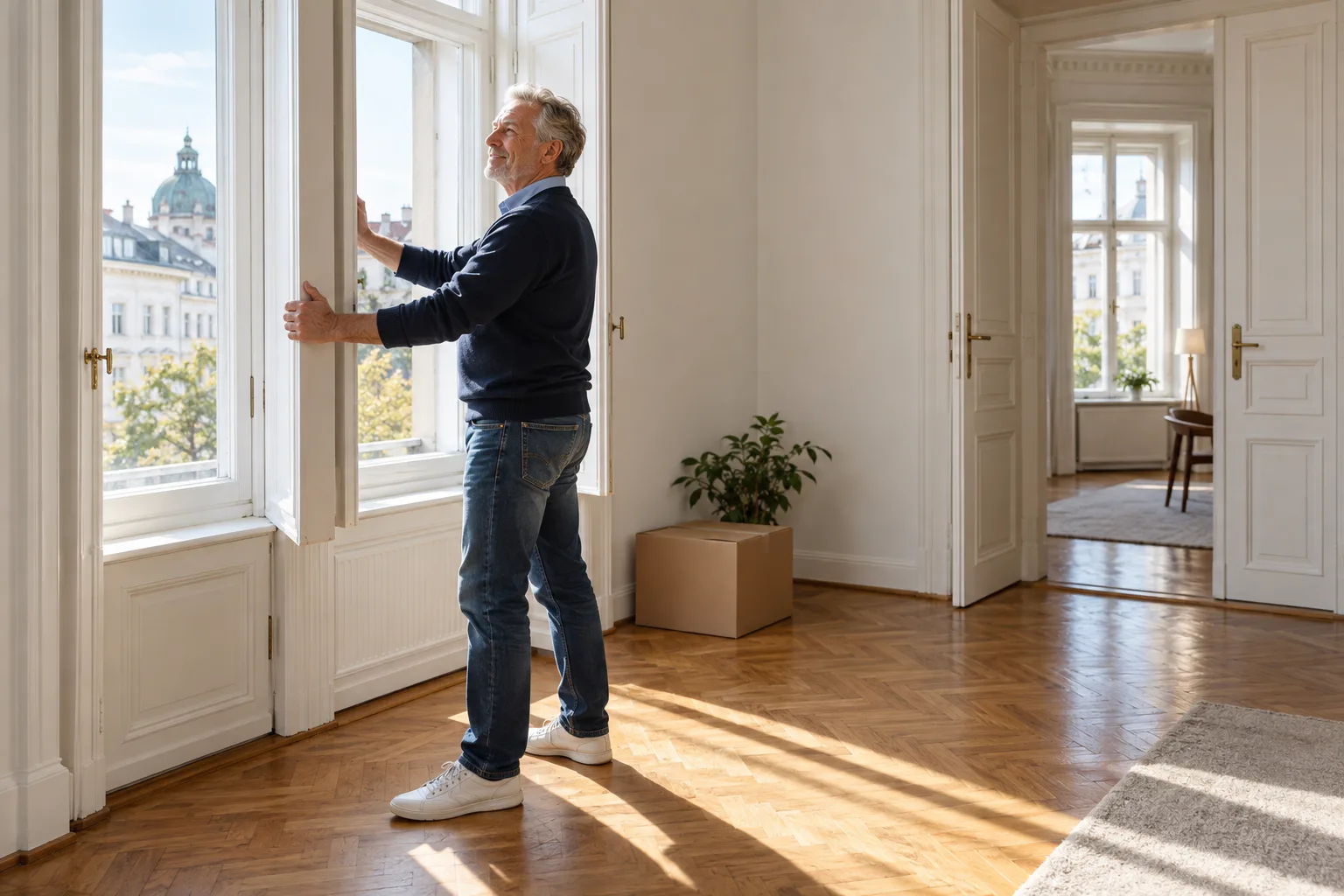 Eigentümer öffnet ein Fenster in einer hellen, beinahe leeren Stadtwohnung