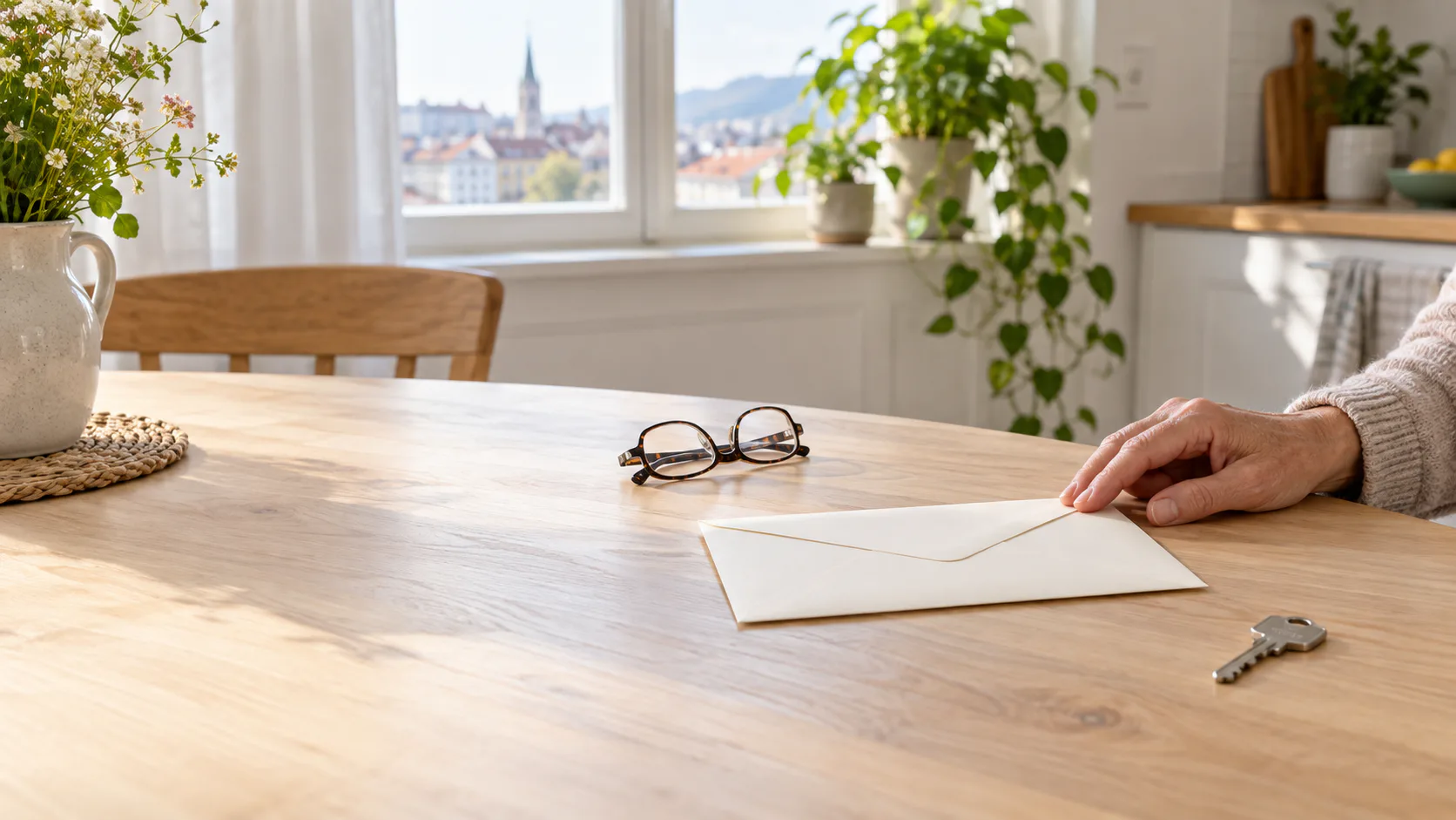 Unbeschrifteter Briefumschlag, Lesebrille und Hausschlüssel auf einem hellen Tisch